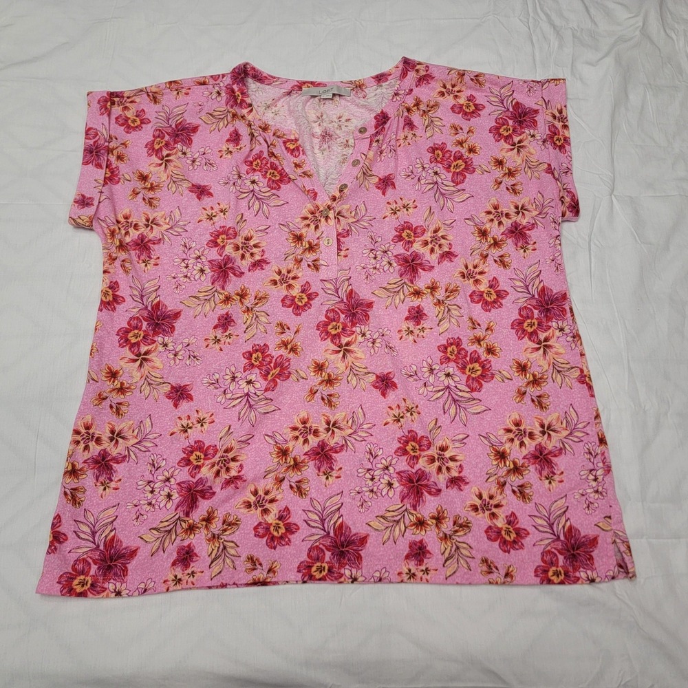 Loft Pink Floral Henley Top Short Sleeve‎ Button V-Neck Blouse 763577 Womens M